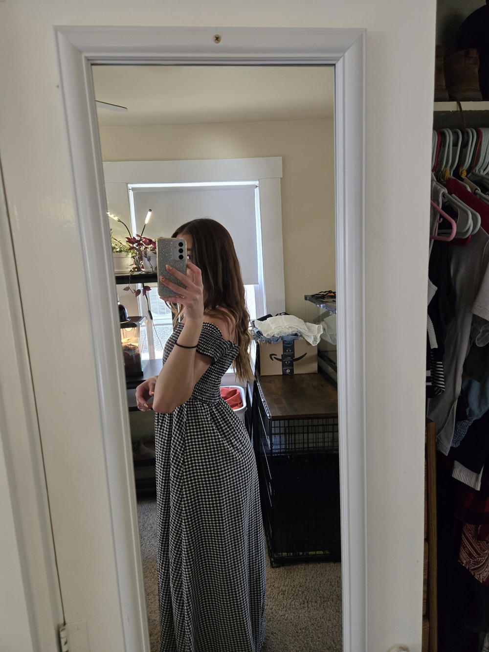 Lulu's Black & White Gingham Off-Shoulder Maxi Dress - Picture 2 of 4